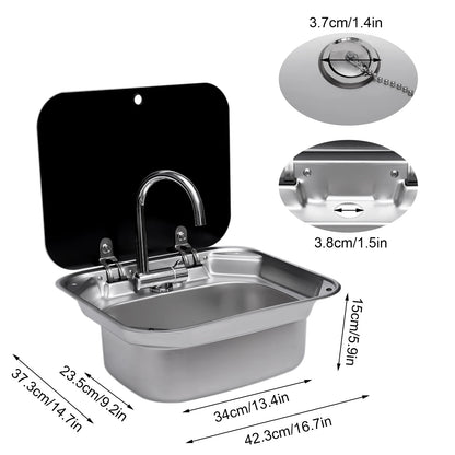 Steel Hand Wash Basin Sink with tap with Folded Faucet Tempered Glass Lid van Camper Trailer Accessories for RV Caravan or Boat