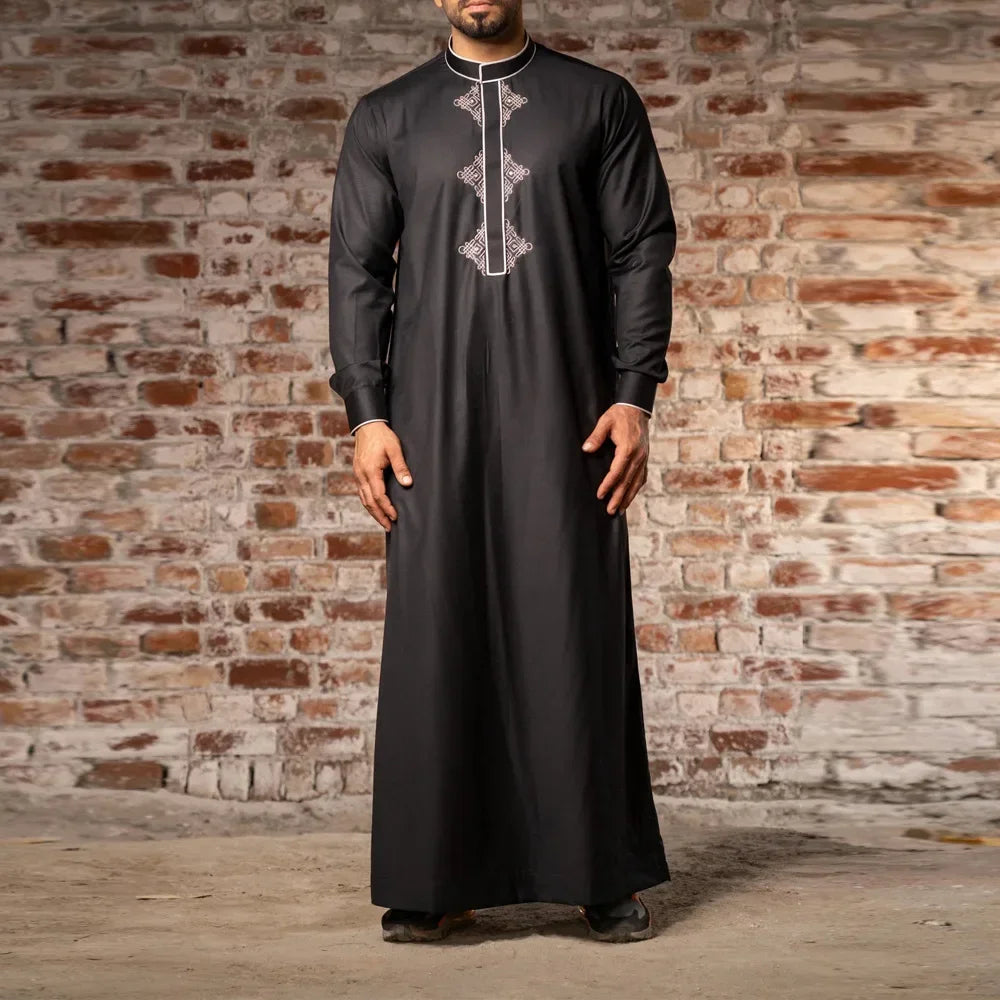 Eid Muslim Fashion Men Jubba Thobe Embroidery Stand Collar Dubai Arab Long Dress Islamic Ramadan Robe Saudi Musulman Abaya Male