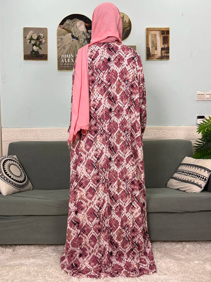 Muslim Traditional Ramadan Abayas For Women's Prayer Garment Cotton Printed Floral Boubou Loose Femme Robe Connected Headscarf