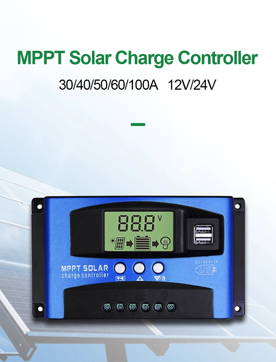 Solar MPPT 100A 60A 50A 40A 30A Charge Controller Dual USB LCD Display 12V 24V Solar Cell Panel Charger Regulator with Load