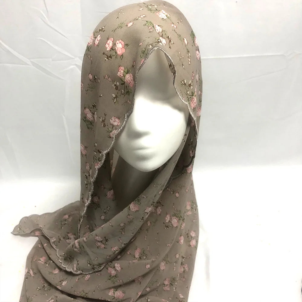 Chiffon Hijab Scarf Foulard Femme Musulman Printed Shawl Islamic Clothing Headwear Muslim Headscarf 4 Side Embroidery 180X70CM