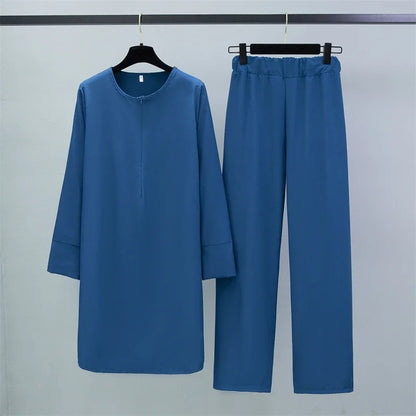 Women Muslim Sets Two Pieces Suits Casual Long Chiffon Shirts Pullover Tops and Straight Pants Loose Trousers Women Sets