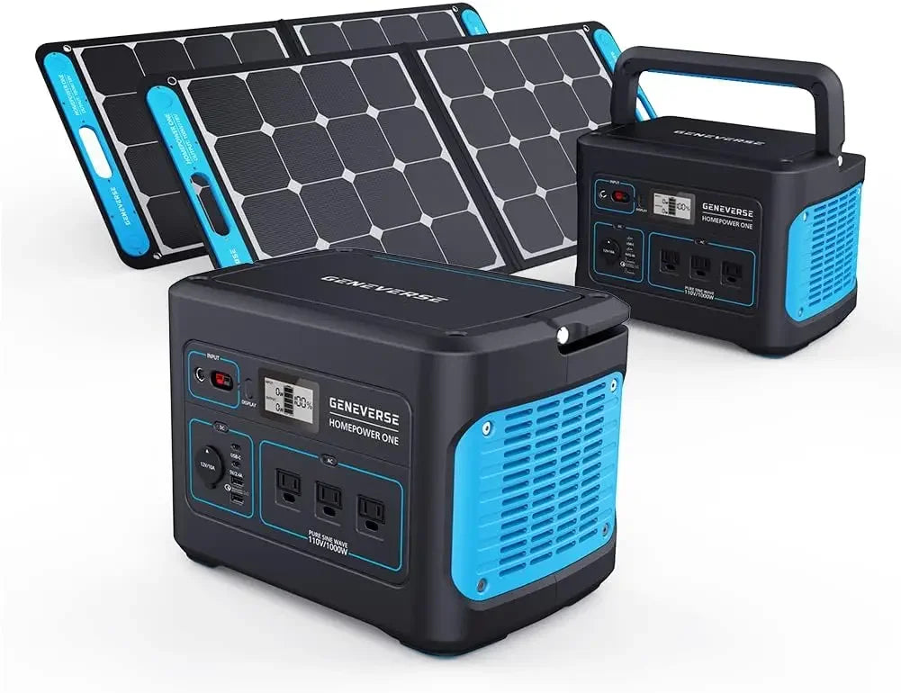 1002Wh Solar Generator Bundle 2X Portable Power Stations 3X 1000W AC Outlets Each 2X 100W Solar Panels Quiet Indoor