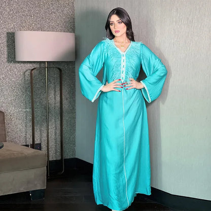 Abaya For Women Arab Dubai Dress Muslim Fashion Feature Sticking Robe V-neck Tassel Beaded Moroccan Caftan Kaftan Women Clothing