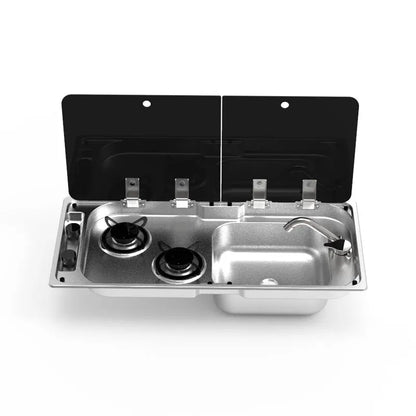 RV Gas Stove Two Burner Rectangular Stainless Steel Sink Combi with 2 Glass Lid 2.18KW 0.8MM Thickness for Car Kitchen