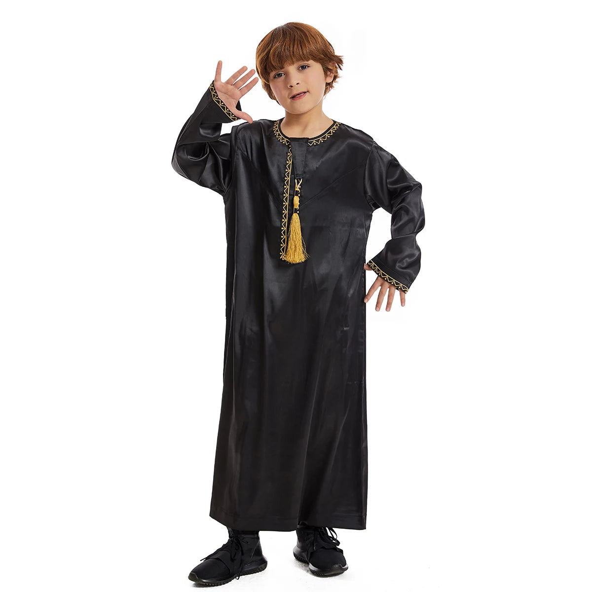 Luxury Muslim Thobe Boys Saudi Dress Kids Islamic Clothing Turkish Arab Dubai Black White Yellow Abaya Children TH881