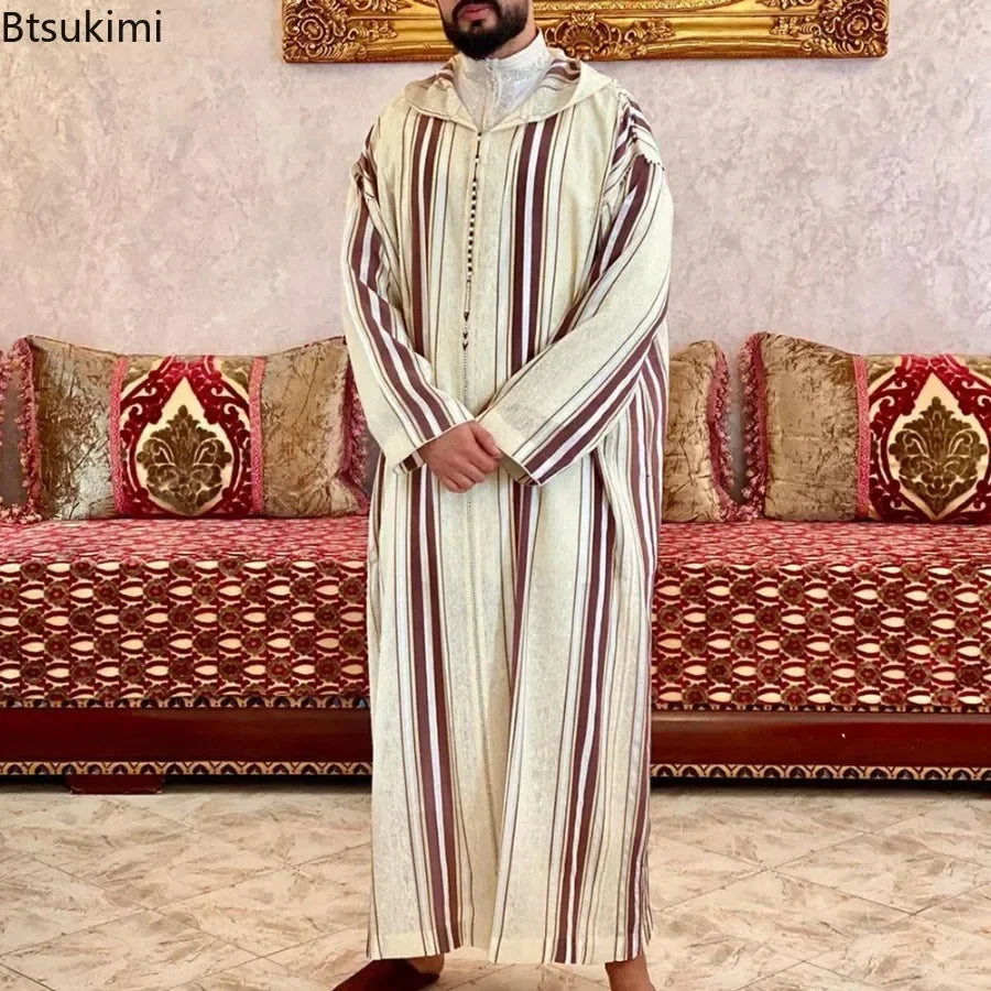 New 2025 Muslim Men Abaya Arabic Islamic Clothing Loose Shirt Robe Jubba Thobe Ethnic Print Saudi Arab Middle East Male Vestidos