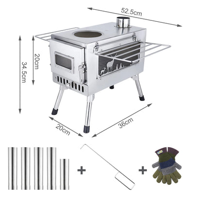 Large Portable Fire Wood Stove, 304 Stainless Steel, Window Pipe for Tent Heater, Cot Camping, Ice-fishing Cooking, Outdoor BBQ