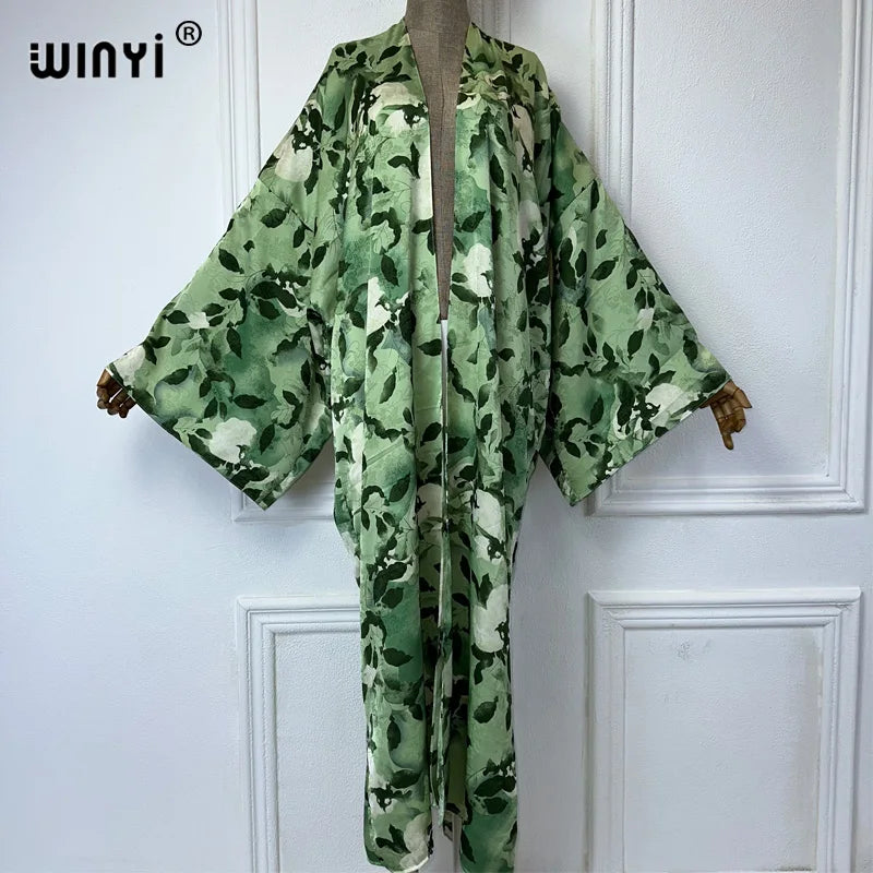 WINYI 2024 High-quality Double-sided Print Silk feel Dress Beach Wear Boho Cardigan abaya women muslim dress Long Sleeve Kimono