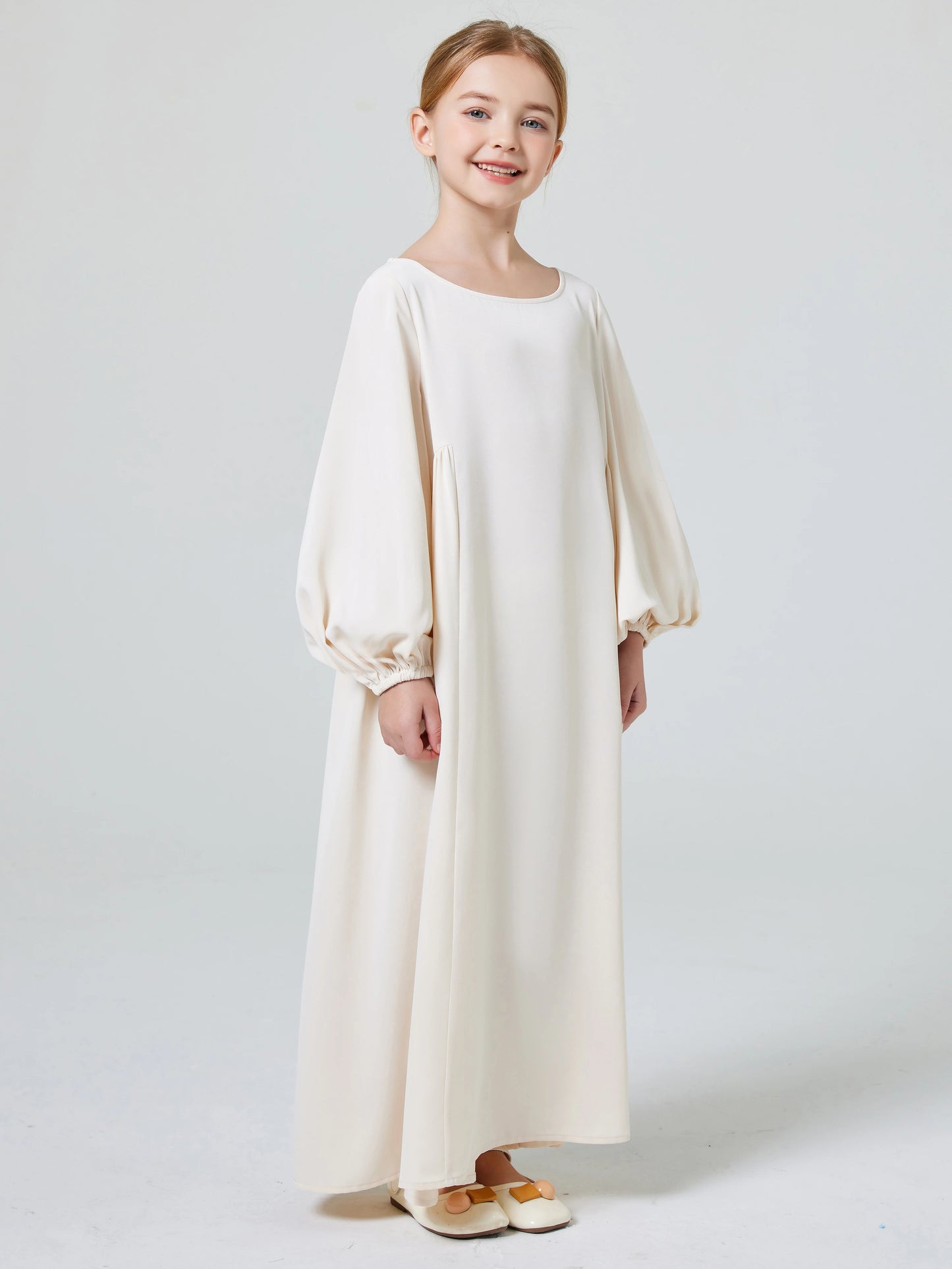 Ramadan Girl Abaya Muslim Elegant Solid Crew Neck Long Sleeve Kaftan Kids Dress For Pray Party