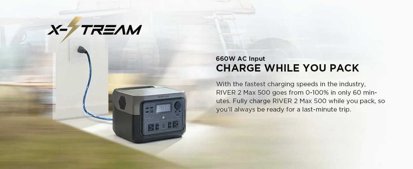 ECOFLOW Portable Power Station RIVER 2 Max, 499Wh/512Wh LiFePO4 Battery/ 1 Hour Fast Charging, Up To 1000W Output