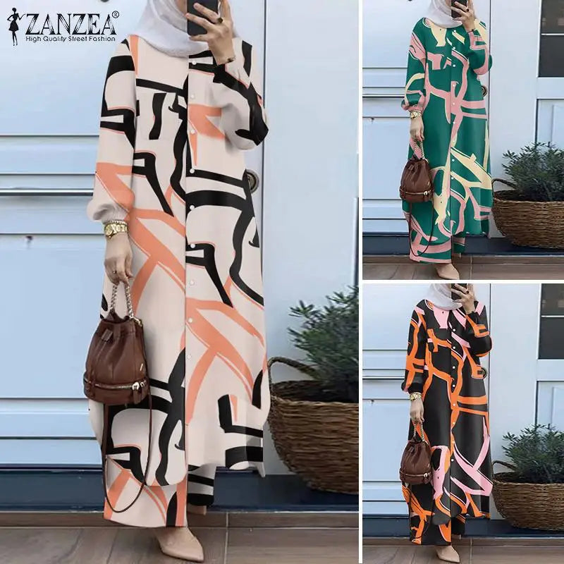 ZANZEA Fashion Matching Sets Muslim Suit Long Sleeve Blouse Wide Leg Pants 2PCS Woman Vintage Floral Printed Tracksuits