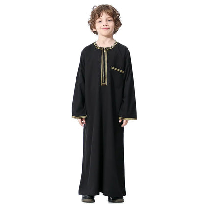 Muslim Boys Robe Embroidered Long Sleeve Dress Gown Saudi Arabia Abaya Kaftan Jubba Thobe Islamic Clothes Eid Djellaba Ramadan