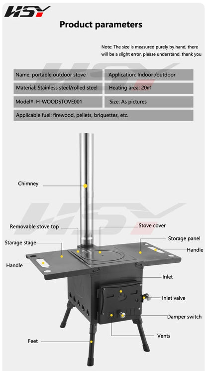 Stainless Steel Folding Heating Tent Stove, Outdoor Camping, Firewood Stove, Picnic Fire Stove with Window