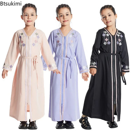 Moroccan Eid Muslim Kids Abaya Girls Embroidery Zipper Long Sleeve Maxi Dress Arabic Kaftan Robes Islamic Party Prayer Clothing