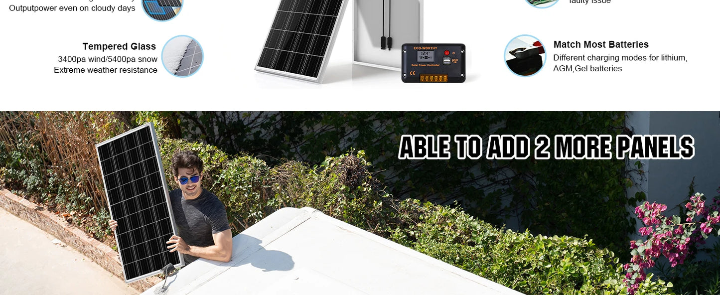 ECO-WORTHY 200Watts 12 Volt/24 Volt Solar Panel Kit withHigh Efficiency Monocrystaline Solar Panel and 30A PWM Charge Controller