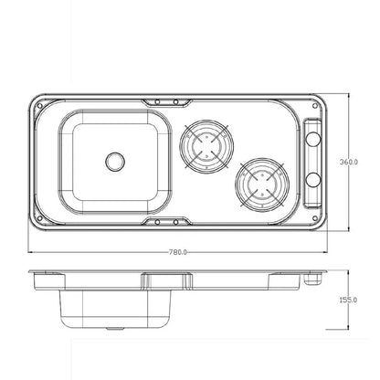 RV Gas Stove Two Burner Rectangular Stainless Steel Sink Combi with 2 Glass Lid 2.18KW 0.8MM Thickness for Car Kitchen