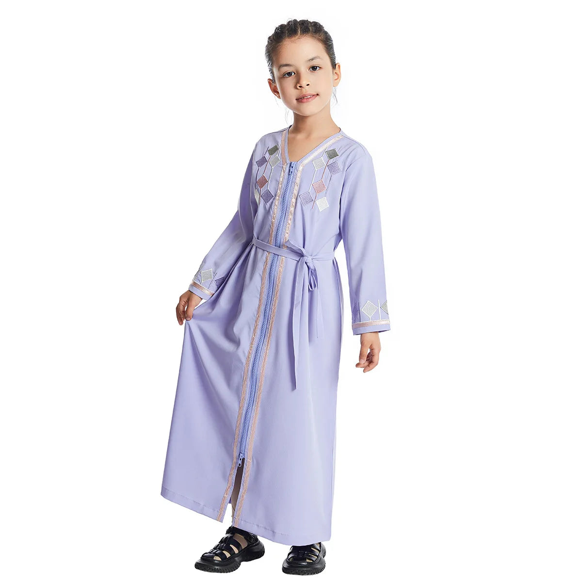 Moroccan Eid Muslim Kids Abaya Girls Embroidery Zipper Long Sleeve Maxi Dress Arabic Kaftan Robes Islamic Party Prayer Clothing