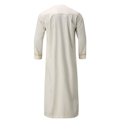 Men's Muslim Robes Middle East Arab Ramadan Islamic Clothing Solid Color Casual Lace Round Neck Long Sleeve T-shirt Dress Tunic