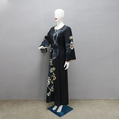 2pcs Set Flowers Printed Dress with Sash Belt Abaya Hijab Veil Fashion Diamonds Robe Muslim Lace Trimming Kaftan Women Long Gown