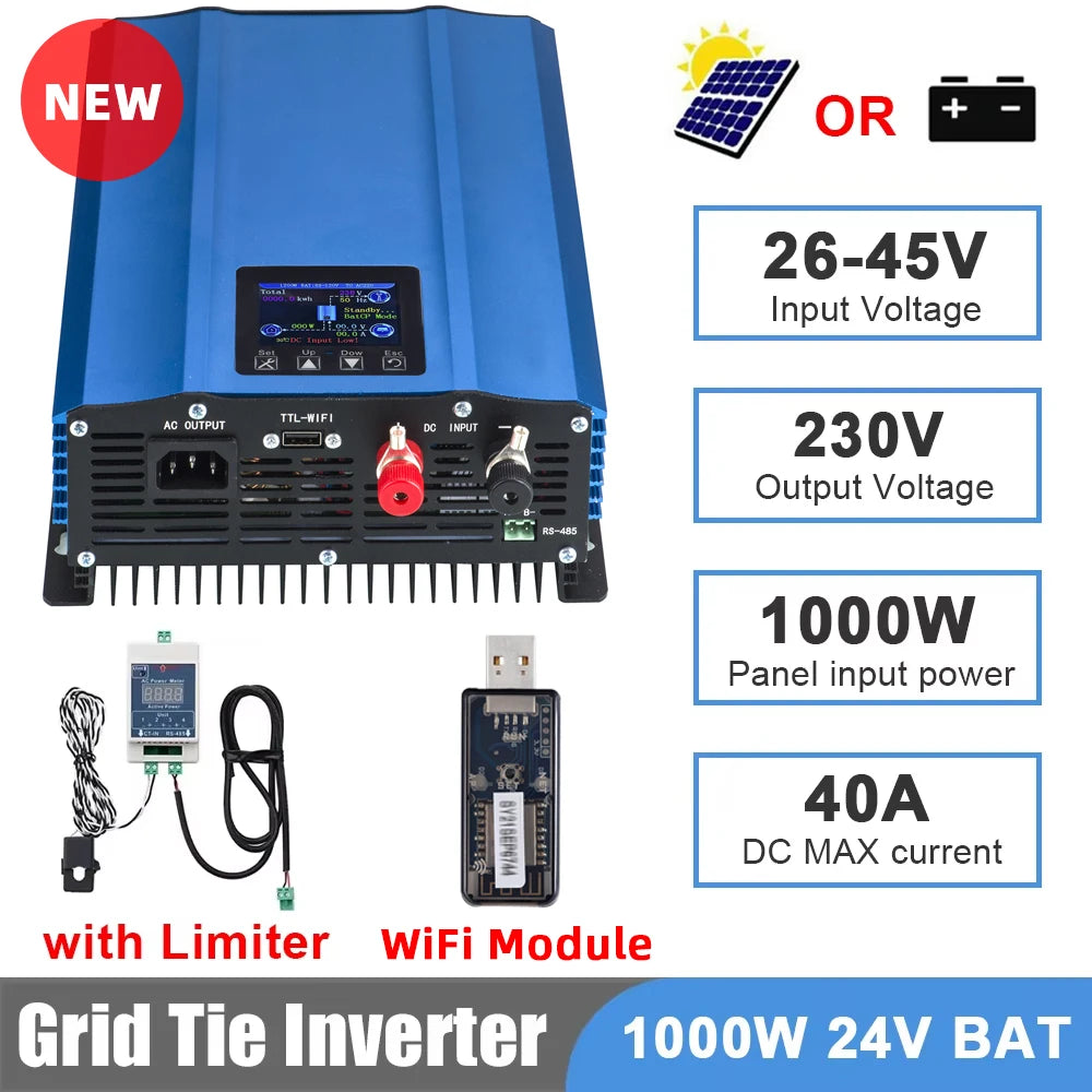 Y&H 1200W 1000W Grid Tie Inverter with Limiter Pure Sine Wave Solar Inverter Battery Discharge Mode Input 48V/24V Optional WiFi