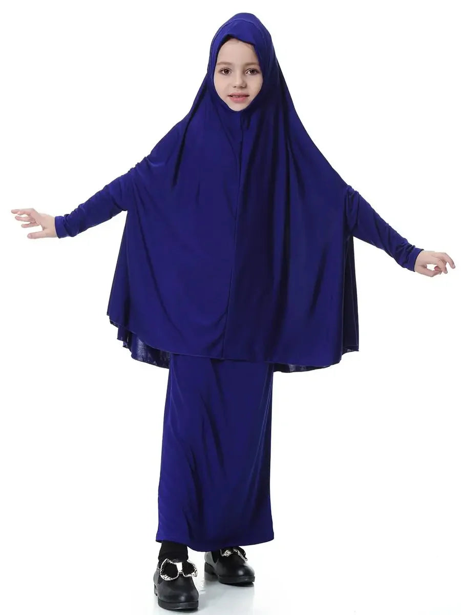 Muslim Kids Girls Dress Two Pieces Set Abaya Hijab Scarf Skirt Islamic Clothing Arab Prayer Kaftan Robe Eid Ramadan Khimar Burqa