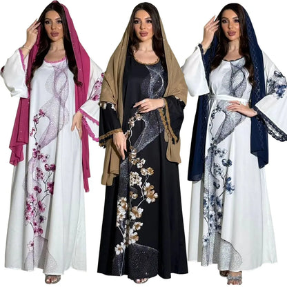 2pcs Set Flowers Printed Dress with Sash Belt Abaya Hijab Veil Fashion Diamonds Robe Muslim Lace Trimming Kaftan Women Long Gown