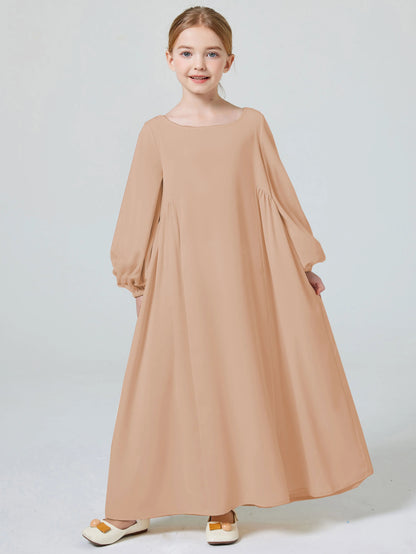 Ramadan Girl Abaya Muslim Elegant Solid Crew Neck Long Sleeve Kaftan Kids Dress For Pray Party