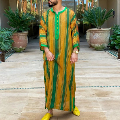 New 2025 Muslim Men Abaya Arabic Islamic Clothing Loose Shirt Robe Jubba Thobe Ethnic Print Saudi Arab Middle East Male Vestidos