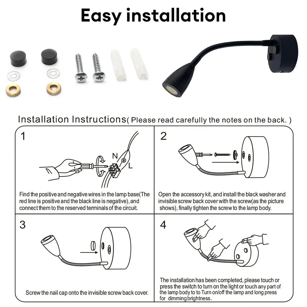 RV Boat LED Reading Light Dimmable Gooseneck Wall Lamp 12V 3W Smart Touch Wall Lamp For Motorhome Yacht Cabin USB Charger Port