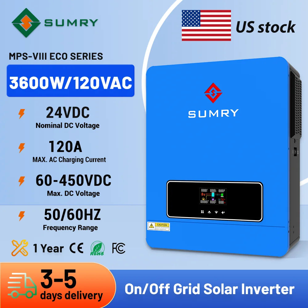 Sumry 3.6kw Hybrid Solar Inverter 110/120v 24v Dual Output with MPPT 120A 60-450v 50/60hz Home Inversor Pure Sine Wave