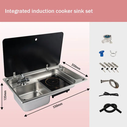 RV Stainless Steel Stove Sink And Induction Cooker Combination Unit With Tempered Glass Lid For Caravan Motorhome Yacht