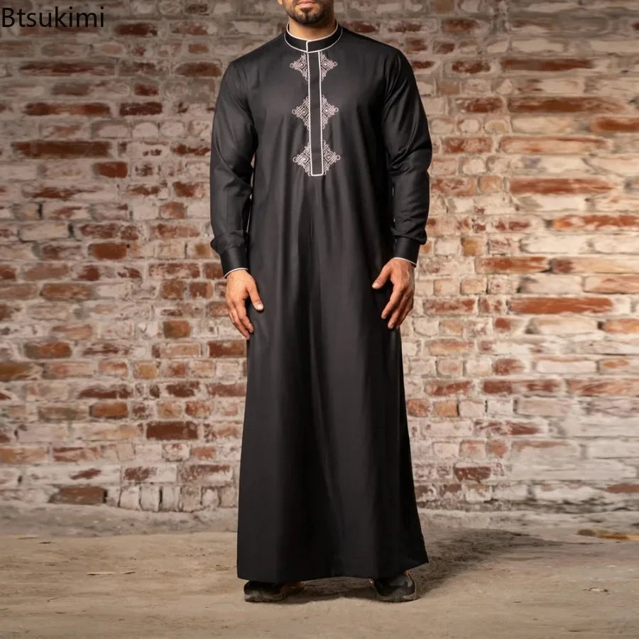 Eid Muslim Fashion Men Jubba Thobe Embroidery Stand Collar Dubai Arab Long Dress Islamic Ramadan Robe Saudi Musulman Abaya Male