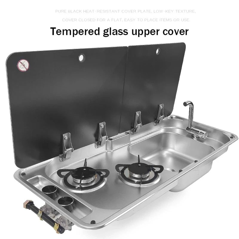 RV Gas Stove Two Burner Rectangular Stainless Steel Sink Combi with 2 Glass Lid 2.18KW 0.8MM Thickness for Car Kitchen