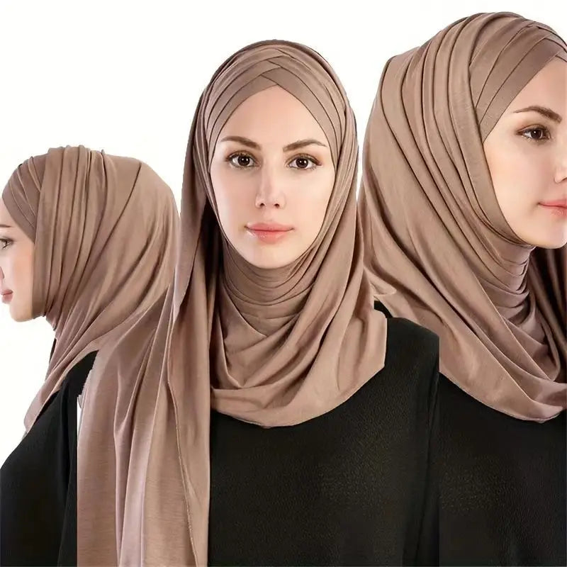 Women Turban Jersey Hijab Lightweight Soft Forehead Cross Instant Hijab Shawls and Wraps Muslim Stretch Head Scarf