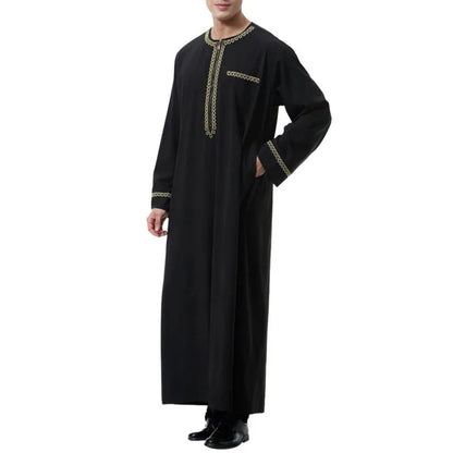 Men's Muslim Robes Middle East Arab Ramadan Islamic Clothing Solid Color Casual Lace Round Neck Long Sleeve T-shirt Dress Tunic