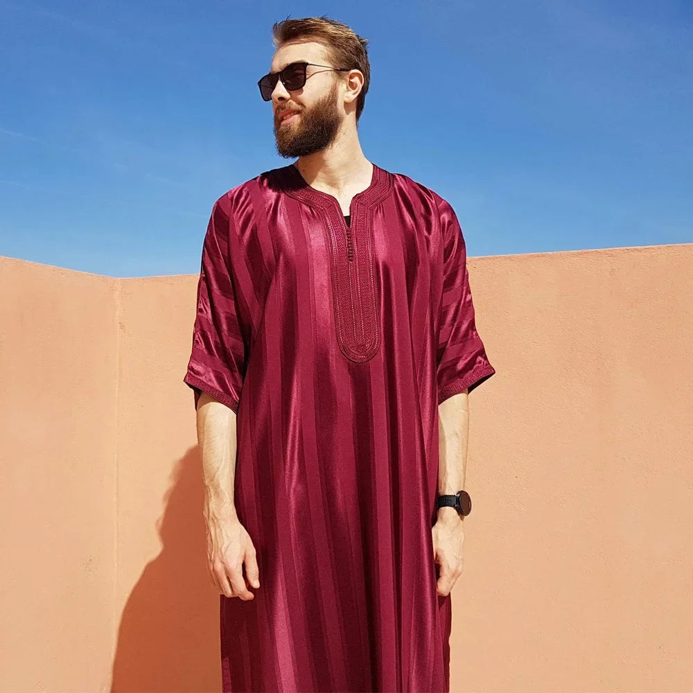 New 2025 Arab Men's Robe Abaya White Muslim Printed Clothing Men's Robe Long Dress Abaya Muslim Clothes for Men Gift Kaftan Men