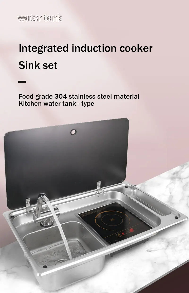 RV Stainless Steel Stove Sink And Induction Cooker Combination Unit With Tempered Glass Lid For Caravan Motorhome Yacht