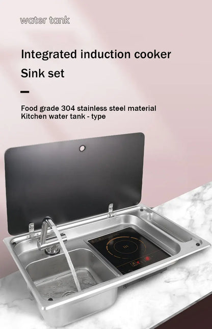 RV Stainless Steel Stove Sink And Induction Cooker Combination Unit With Tempered Glass Lid For Caravan Motorhome Yacht