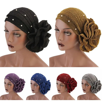 Women Cancer Chemo Cap Big Flower Shiny Silk Muslim Hat Hair Loss Head Scarf Pearls Elastic Turban Head Wrap Cover