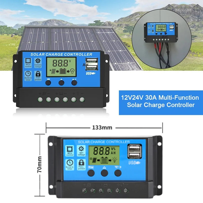 Upgraded 10A 20A 30A Solar Controller 12V/24V Auto Solar Panel PV Regulator PWM Battery Charger 5V Output LCD Display Dual USB