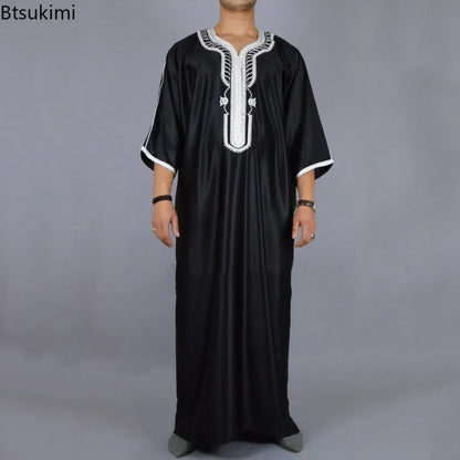 New 2025 Arab Men's Robe Abaya White Muslim Printed Clothing Men's Robe Long Dress Abaya Muslim Clothes for Men Gift Kaftan Men