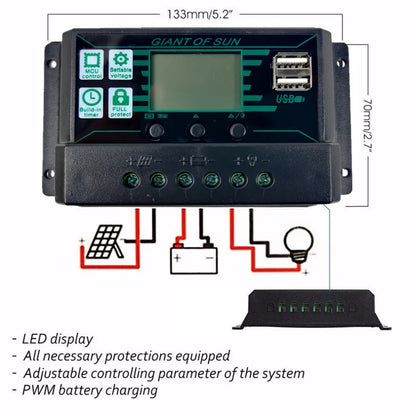 Solar Charge Controller 100A PWM LCD Display 12V/24V Dual USB 5V Output Panel Battery Regulator Intelligent