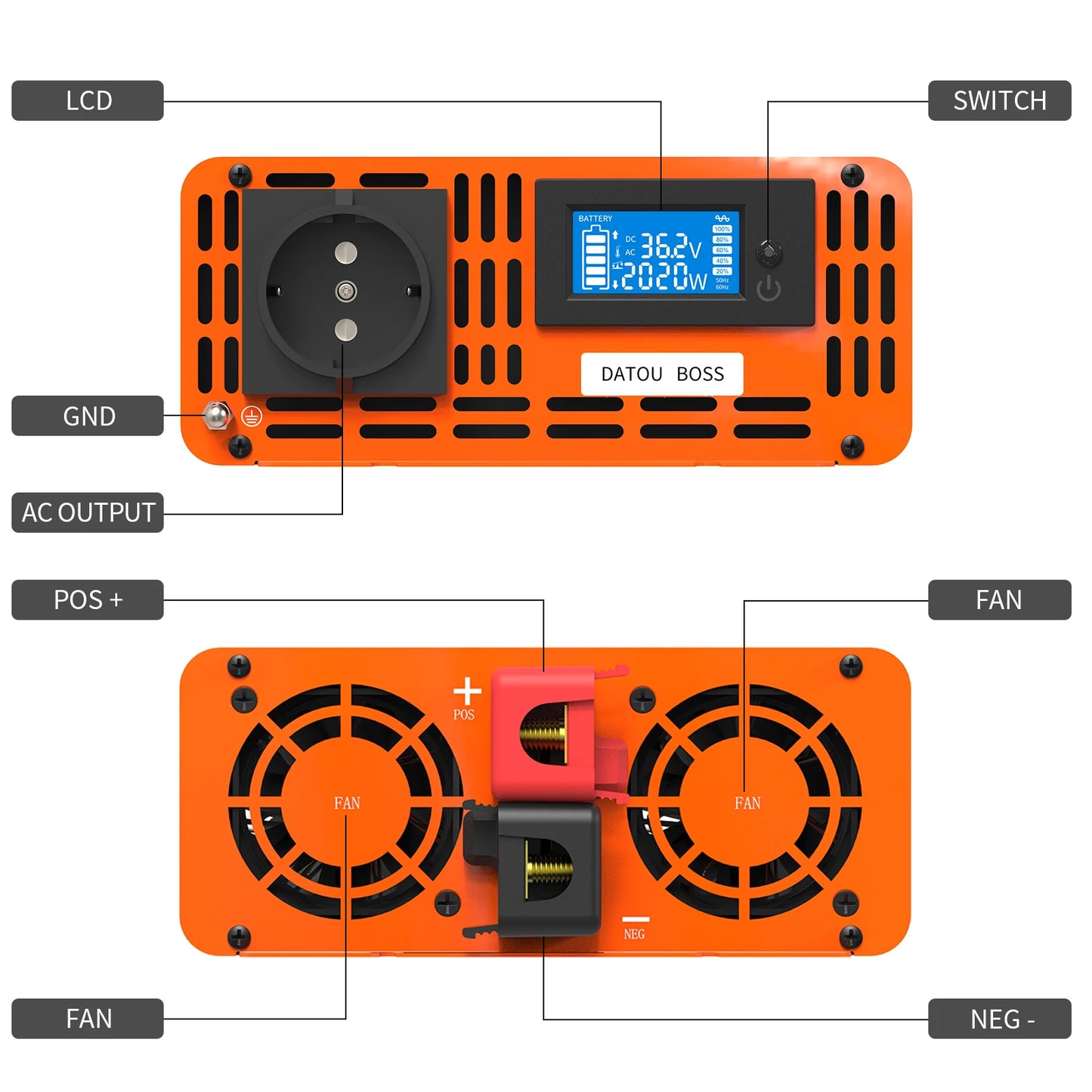 DATOUBOSS Pure Sine Wave Inverter 4000W DC 12V 24V 36V 48V 60V 72V to AC 220V 240V  Continuous Power 2000W With LCD Inverter