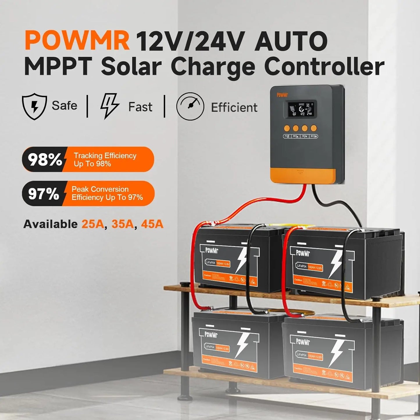 PowMr MPPT 45A 35A 25A Solar Charger Controller 12V 24V Auto Lifepo4 Battery Charger Solar Panel Regulator Max PV Input 100VDC