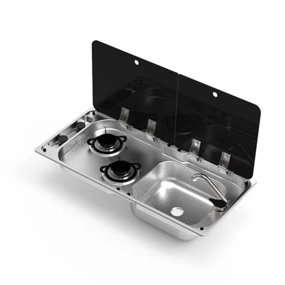 RV Gas Stove Two Burner Rectangular Stainless Steel Sink Combi with 2 Glass Lid 2.18KW 0.8MM Thickness for Car Kitchen