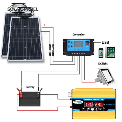 110V 220V 2000W flexible Solar Panel System 12V Battery Charging Controller 4000W Solar Inverter Kit Complete For Home Outdoor