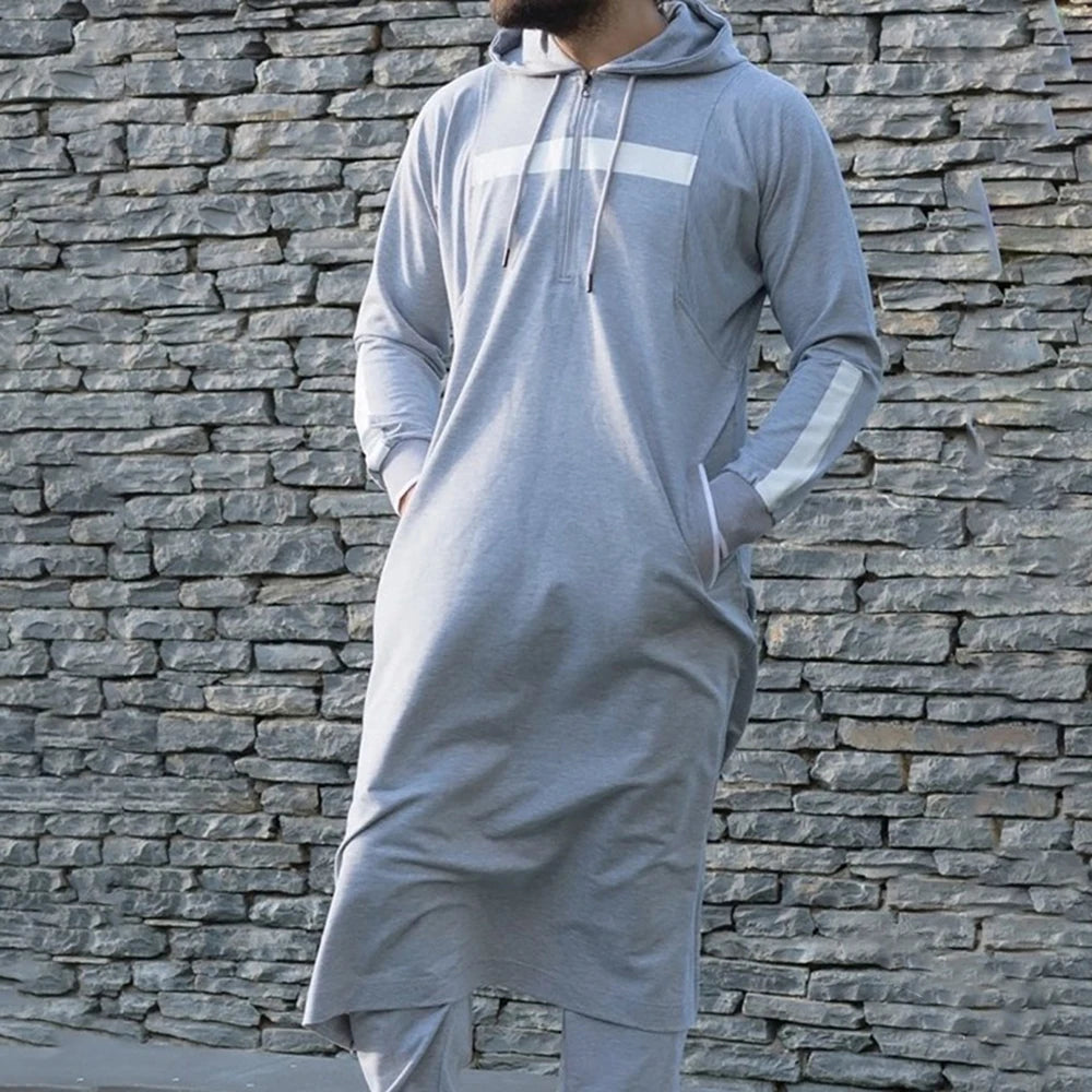 Mens Muslim Middle Eastern Islamic Arabic Clothing Vintage Loose Striped Long Sleeve Drawstring Pockets Full Length Hooded Robe