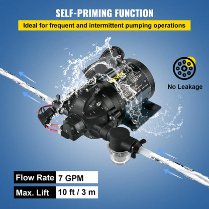 VEVOR Washdown Pump 12V RV Water Pump 7 GPM 60 PSI Max. 10 FT Lift Self Priming for Marine Deck, Yacht, Caravan Motorhome Boat