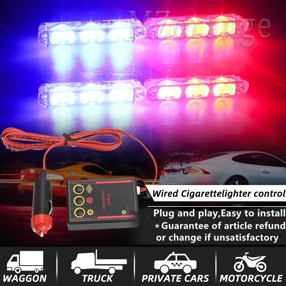 4*3 LED Police Lights for Car Led Flasher Fso Cigaretteer Grill Warning Lamp 12V Motorcycles Strobe Lights Flashlight